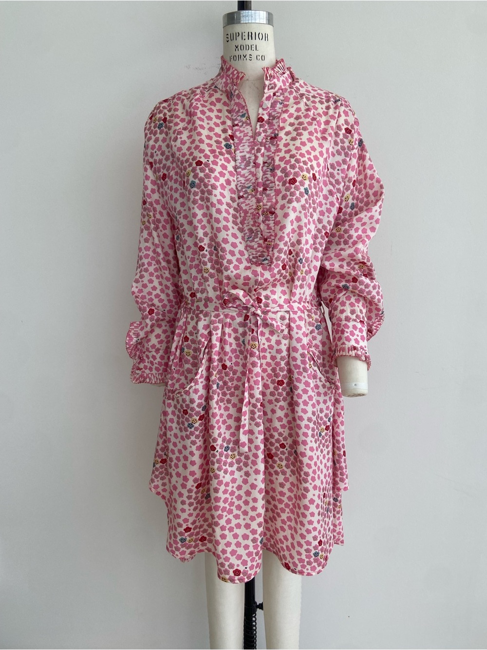 Zadig & Voltaire Pink Silk Printed Ruffle Tie-Waist Long Sleeve Dress